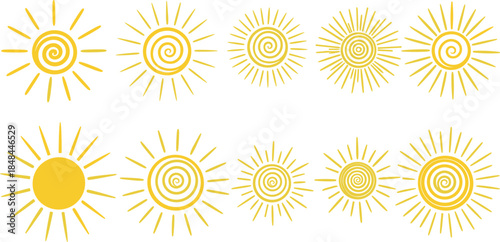 Set of yellow stylized sun icons with spiral centers and varied ray designs for summer weather branding solar energy concepts and playful decorative graphic design