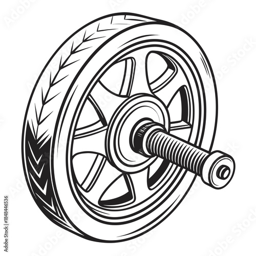 Black and white of industrial roller wheel with bolt