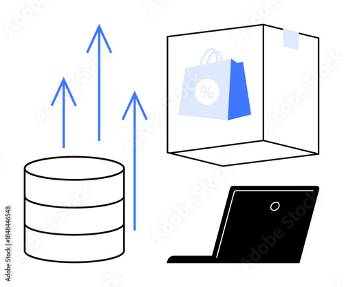 E-commerce, retail analytics, database management, online shopping, digital sales, marketing trends. Arrows rising from a database, a shopping bag and a laptop. E-commerce and retail analytics