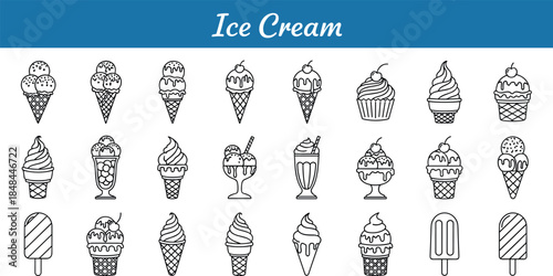 Set of 24 black outline ice cream icons featuring cones sundae bowls popsicles and soft serve for dessert shop branding menu design and summer food graphic elements