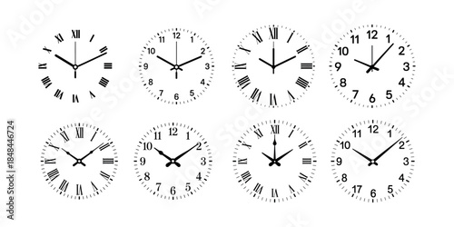 Eight Circular Clocks with Roman and Arabic Numerals on White watch time