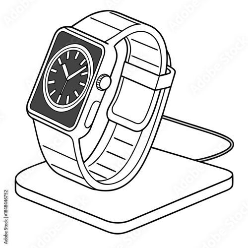 Smartwatch on magnetic charging dock line black and white