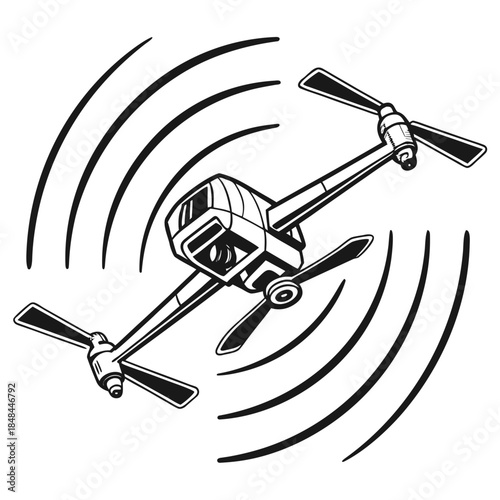 Black and white of a foldable drone in mid flight aerial vehicle