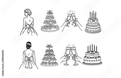 Wedding Icons: Bride, Cupcake Tower, Toasting Glasses, and Cake dress