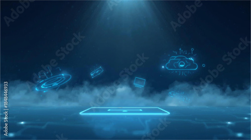 A futuristic digital technology background with glowing blue data icons, cloud computing symbols, and a central illuminated platform amidst smoke.