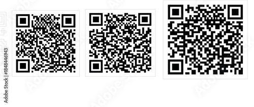 Set of three black and white square QR codes for digital payment marketing links and modern information technology graphic design elements