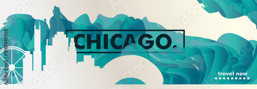 Chicago, Illinois USA city banner with skyline, cityscape, landmarks. Horizontal travel vector illustration layout for website, page, presentation, header, footer
