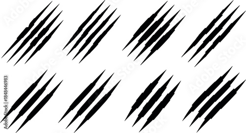 Set of black beast claw scratch marks and predatory animal paw slashes for horror themes monster attacks and aggressive urban graphic design elements