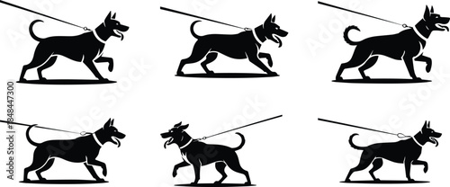 Set of Minimalist black dog pulling leash forward energetic silhouette vector icon