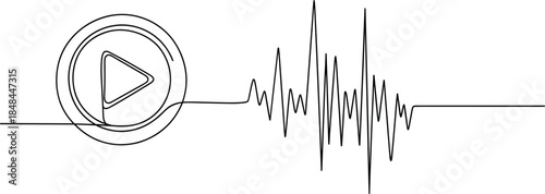 Continuous one-line drawing of a play button icon connected to an audio sound waveform for podcasting music production and digital media graphic design