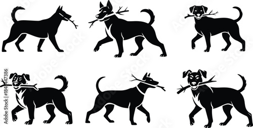 Set of Minimalist black dog carrying stick in mouth silhouette vector icon