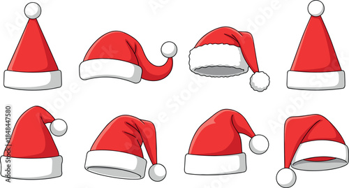 Set of red Santa Claus hats in various positions and styles for Christmas holiday branding festive party decorations and winter seasonal graphic design