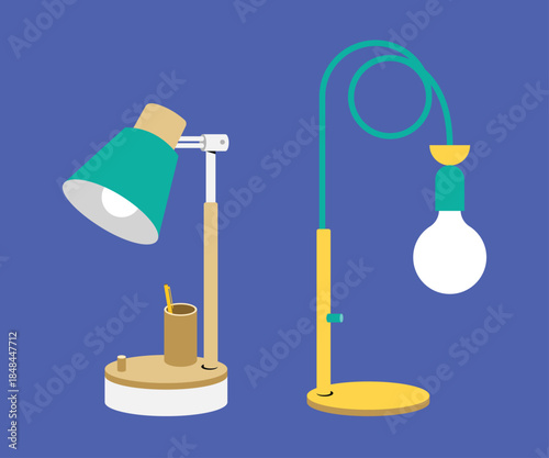 Modern Minimalist Desk Lamp Set. Study Desk Metal Lamp. Minimal Flat Illustration