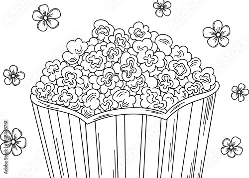 Minimalist black outline sketch of a striped popcorn bucket with kernels and small flower accents for movie night cinema themes and snack food graphic design