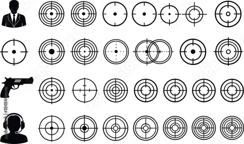 Set of 24 black tactical target icons featuring crosshair reticles bullseye designs a handgun silhouette and personnel profiles for shooting sports and training graphic design