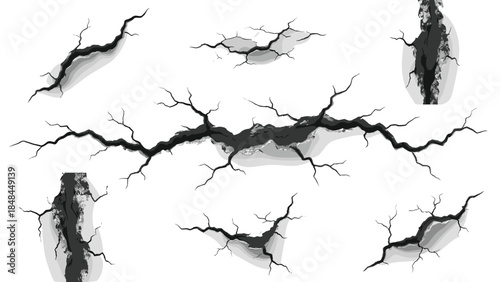 Set of realistic vector surface cracks and fractures collection isolated on white background for earthquake damage and broken wall design 