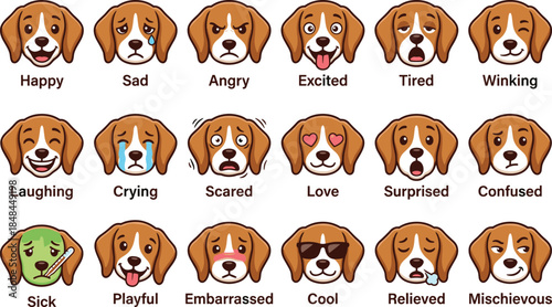 Set of cute cartoon dog character emoticons showing different facial expressions and emotions isolated on white background (18 words)