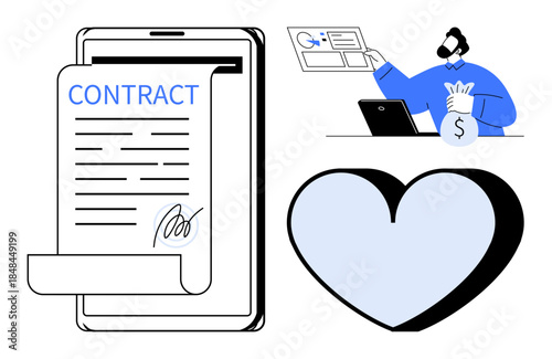 Business agreements, digital contracts, financial transactions, e-commerce, online trust, commitment concepts. Electronic contract on a device, person handling money heart symbol. Digital contracts