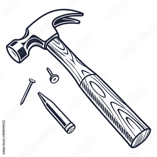 Of carpenter hammer with wooden handle and nails tool