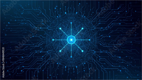 Abstract blue digital background with glowing central core and intricate circuit board patterns representing technology and data flow.