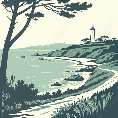 Coastal bay lighthouse on cliffside with winding path