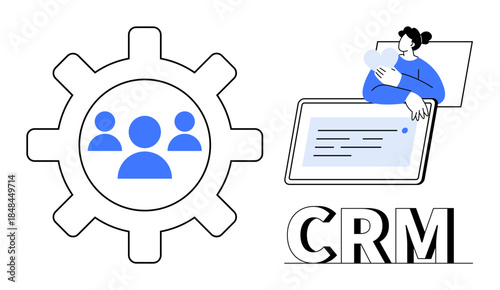 CRM system. CRM tools illustrated with gear icon and user interface, customer management solutions. CRM helps optimize customer relations for business, marketing, and sales