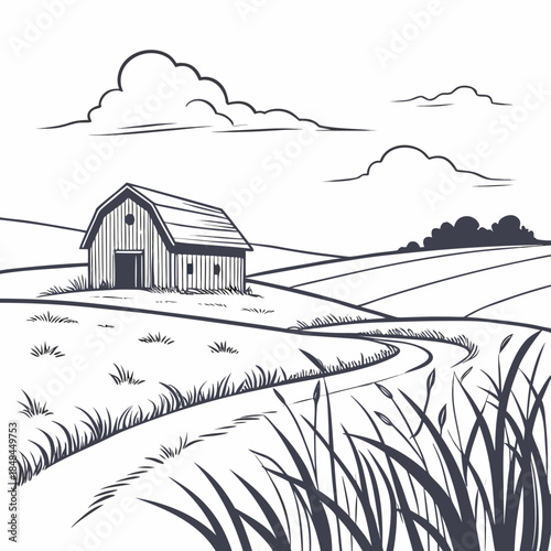 Minimalist of a wooden barn on a prairie landscape