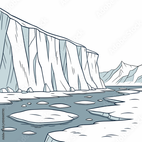 Arctic glacier with broken icebergs floating in water