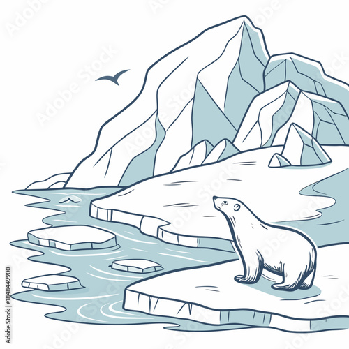 Polar bear on ice floes in arctic glacier landscape with iceberg and seagull