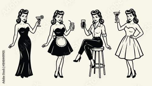 Set of vintage hand drawn pin up women characters drinking cocktails in retro 50s fashion style for bar menu design (20 words)