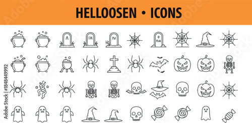 Comprehensive set of 40 black and white Halloween icons featuring pumpkins ghosts skeletons spiders and witch hats for spooky holiday graphic design