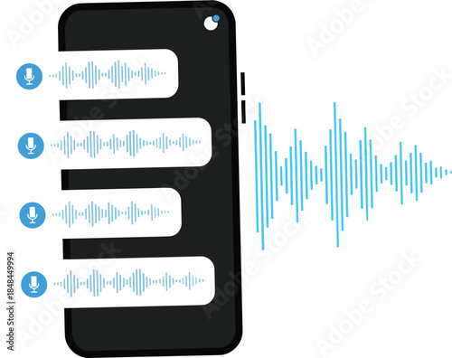 Smartphone screen with blue voice message chat bubbles and sound waves for mobile application communication and audio recording technology concepts (20 words)