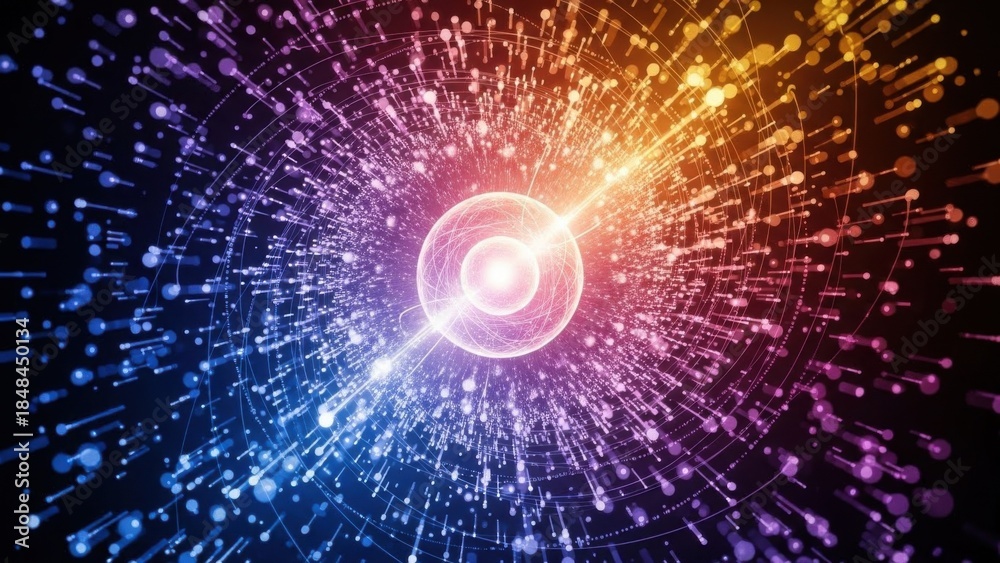 Fototapeta premium Dynamic abstract energy flow illustration featuring a vibrant spectrum of particles exploding from