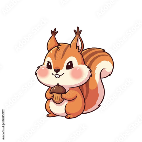A cute cartoon squirrel holding an acorn against a clean white background with a cheerful mood.