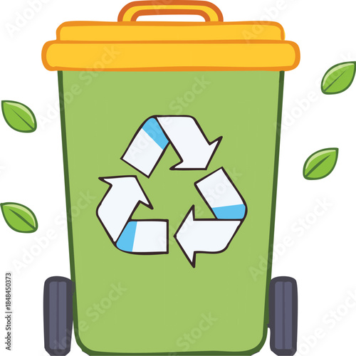 Green recycling bin with recycling symbol and leaves, promoting environmental awareness and sustainability