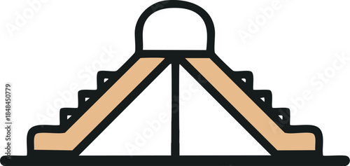 Minimalist outline vector illustration of a children's playground slide structure, featuring a peaked top and symmetrical climbing steps, symbolizing fun and recreational activity