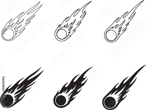 Rocket flame designs in line art and silhouette style