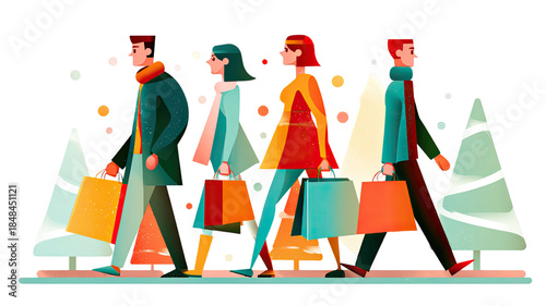 Stylish people walking with shopping bags winter street scene modern flat illustration festive urban lifestyle isolated on white background