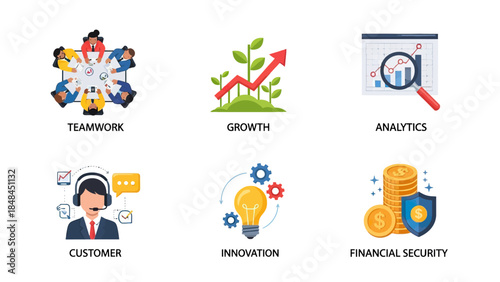 Set of diverse business success concepts and corporate strategy icons for growth and innovation