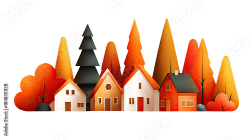 Autumn village houses with colorful trees warm seasonal landscape illustration cozy neighborhood scenery isolated on white background