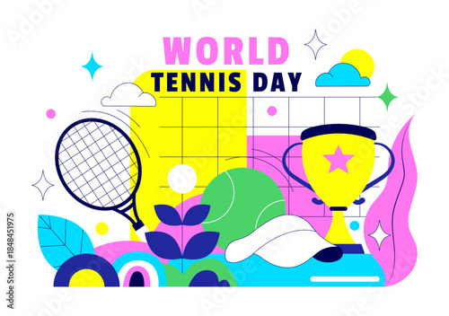World Tennis Day Vector Illustration on March 2 Featuring Racket and Ball on Court During Sports Match in Flat Style Cartoon Background