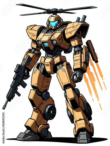 Advanced aerial combat mech with helicopter rotor and heavy assault rifle