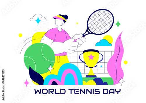 World Tennis Day Vector Illustration on March 2 Featuring Racket and Ball on Court During Sports Match in Flat Style Cartoon Background
