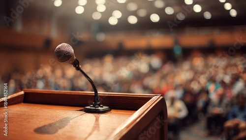 A microphone on a podium in a crowded auditorium.