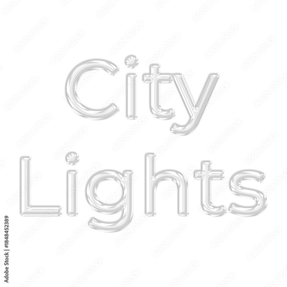 Fototapeta premium City Lights glossy 3D glass text effect featuring transparent letters for urban nightlife themes, metropolis travel posters, and modern downtown concepts