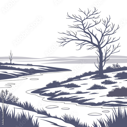 Arctic tundra with frozen lake and bare trees winter landscape
