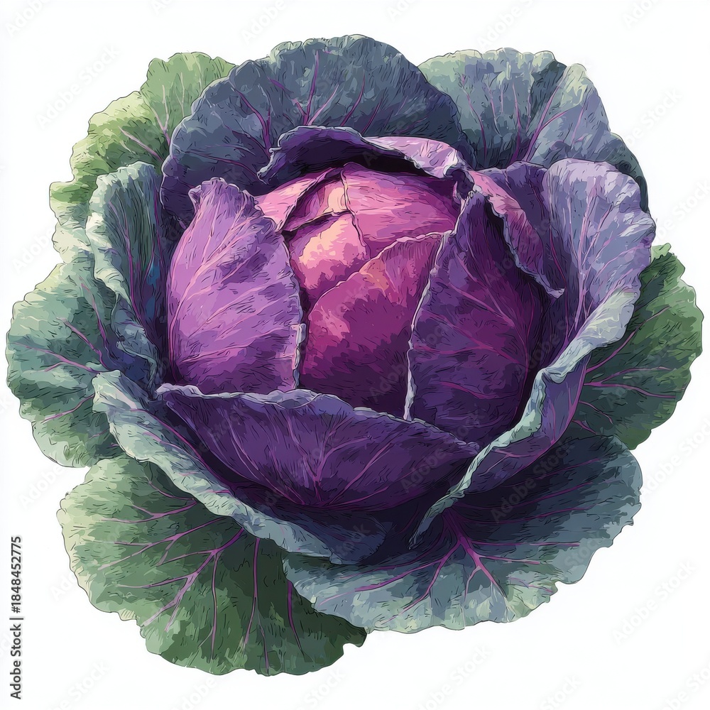 Obraz premium Vibrant Red Cabbage Vegetable With Deep Purple And Green Leafy Layers Detailed Macro View