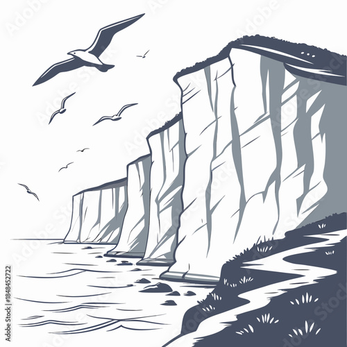 Coastal cliffs with seagulls flying overhead ocean