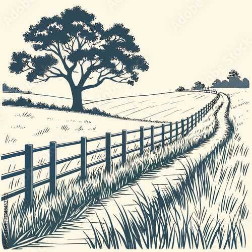 Clean of a prairie field with wooden fences and a tree