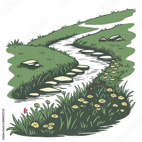 Green meadow stream with stepping stones and yellow flowers